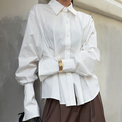 Court White Cotton Shirt Women Light Luxury Pleat Waisted Slim-Fit Long-Sleeved Collared Shirt