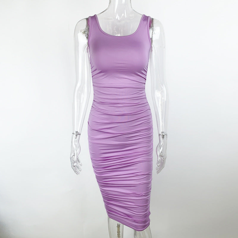 Summer Sexy Women Wear Solid Color Tight Backless Sleeveless Pleated Dress