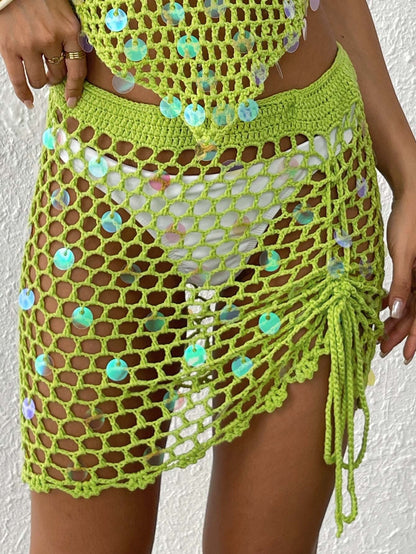Women Vacation Beach Sequin Stitching Pure Hand Crocheting Irregular Asymmetric Drawstring Strap Tight Skirt Hollow Out Cutout Skirt