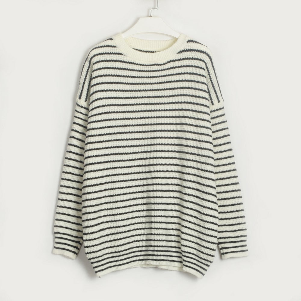 Women Clothing Striped All Matching round Neck T shirt Simple Casual Loose Sweater