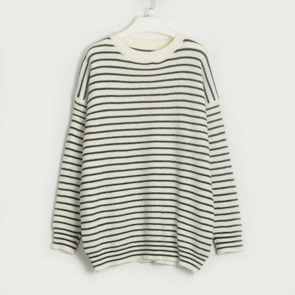 Women Clothing Striped All Matching round Neck T shirt Simple Casual Loose Sweater