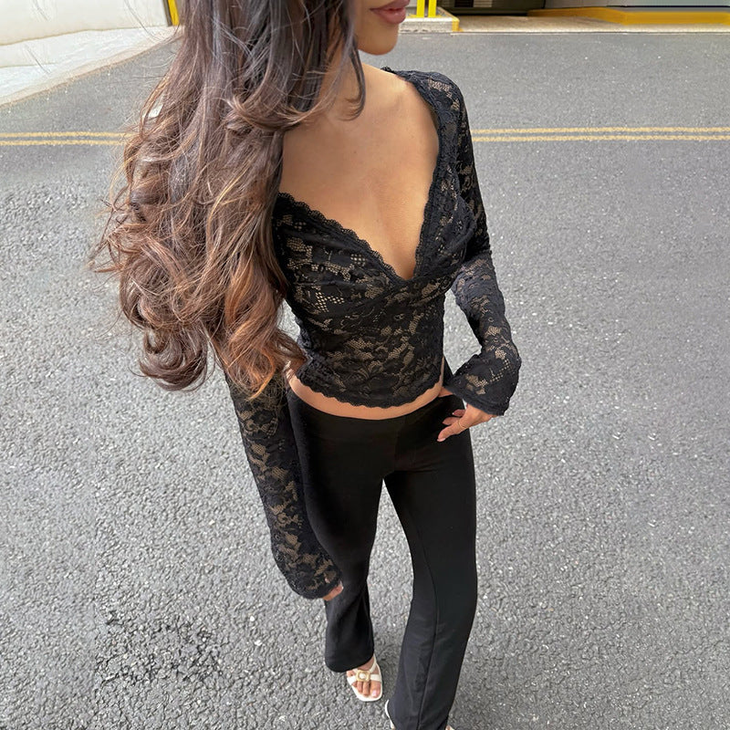 Autumn Sexy Hollow Out Cutout out V neck Lace See through Bottoming Top