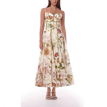 Spring Summer Suspender Printed Large Swing Dress Holiday Casual Women Dress