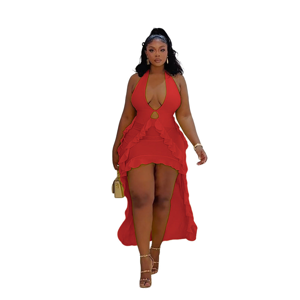 Women Clothing Sexy V neck Wooden Ear Irregular Asymmetric Backless Halter Dress