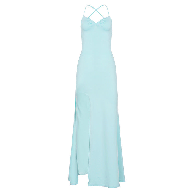 Vacation Bare Back Lace up Bow Dress Solid Color Fold Split Design Dress