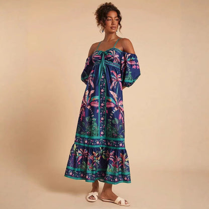 Summer Positioning Printing Sling off Shoulder Dress