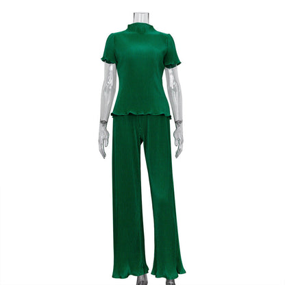 Spring Slimming T shirt High Waist Blue Pleated Wide Leg Pants Casual Women Clothing Fashion Suit