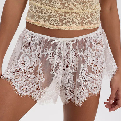Women Sexy Lace See through Culottes Bow Tie Shorts