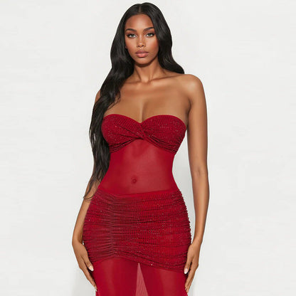 Tube Top Milk Silk Stitching Mesh Drilling Party Hip Wrapped Long Dress