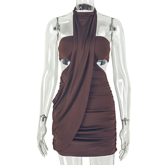 Solid Color Corset Women's Pleated out Asymmetric Hip Skirt Hanging Collar Loose Comfortable Dress