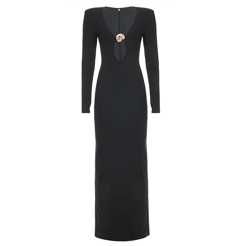 French Sexy Hepburn Niche V neck Metal Buckle Decorative Sexy Slimming Sheath Dress Maxi Dress