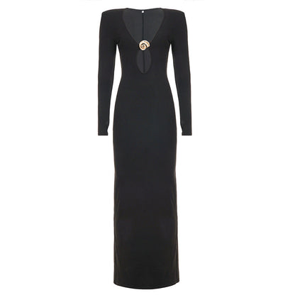 French Sexy Hepburn Niche V neck Metal Buckle Decorative Sexy Slimming Sheath Dress Maxi Dress