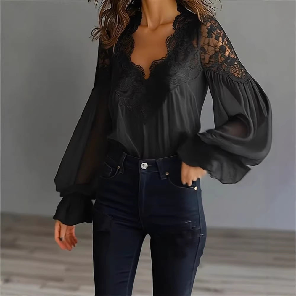 Women Lace Stitching Puff Sleeve Pleated Shirt