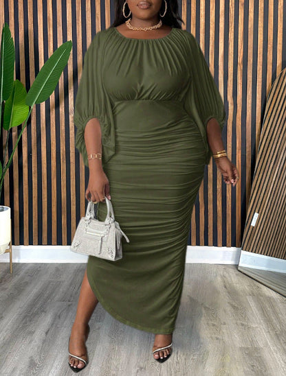 Plus Size Women Clothing Fashionable Elegant Solid Color round Neck Raglan Sleeves Fashionable Pleated Dress