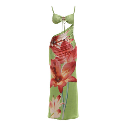 Spring Women Clothing Vacation Sexy Cropped Wrapped Chest Spaghetti Strap Floral Print Dress for Women