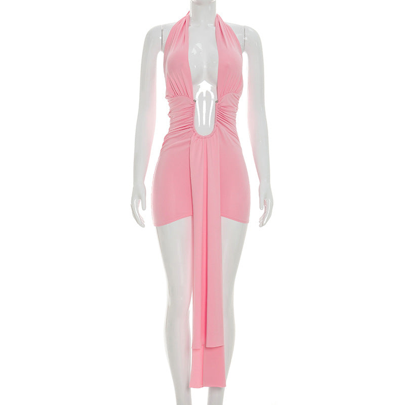 Women Clothing Summer Solid Color Casual Sleeveless Deep V Plunge Ribbon Halter Lace up Short Dress