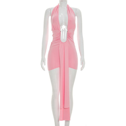 Women Clothing Summer Solid Color Casual Sleeveless Deep V Plunge Ribbon Halter Lace up Short Dress