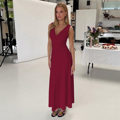 Women Clothing Summer French Low Cut Swing Collar Sleeveless Midi Dress