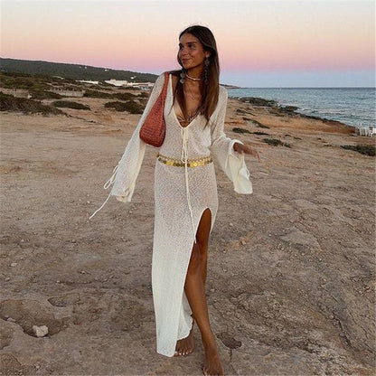 Beach Dress Sexy Cutout See through Sun Protective Clothing Spring Summer Knitted Seaside Vacation Dress