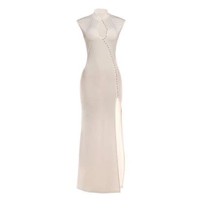 Summer Women Stand Collar Sexy Cutout High Slit Mop Dress
