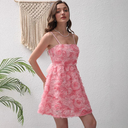 Summer Three Dimensional Rose Embroidered Sweet Elegance Suspender Strap Bow Dress for Women
