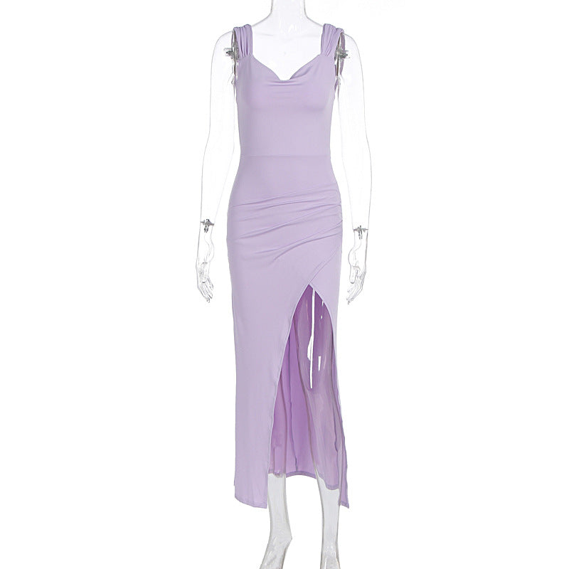 Women Clothing Spring Summer Elegance Sleeveless Backless Slingback Slim Fit Slit Dress