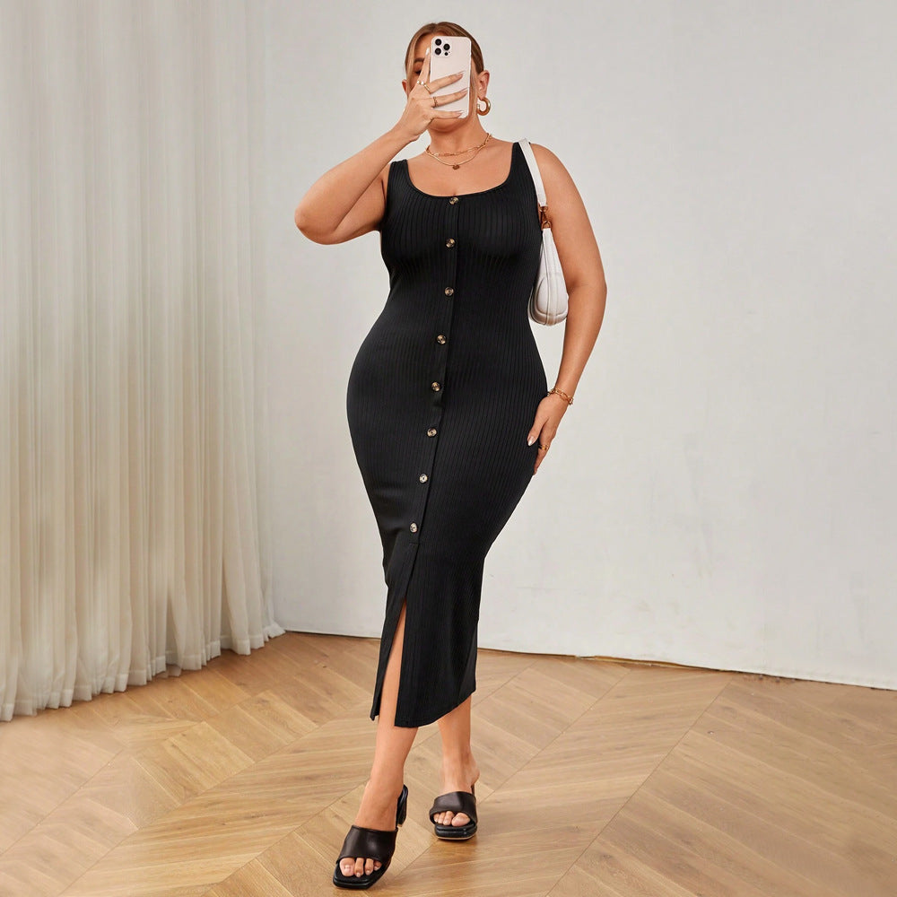 Plus Size Women Elegant Square Collar Dress Summer High Waist Solid Color Sling Hip Dress