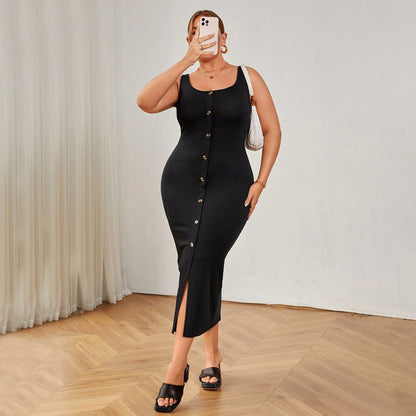 Plus Size Women Elegant Square Collar Dress Summer High Waist Solid Color Sling Hip Dress