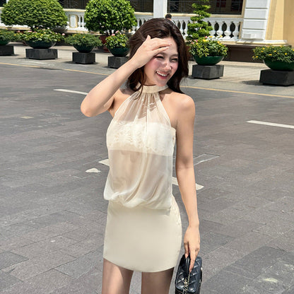 Sexy Mesh See through Stitching Spring Sleeveless Halter Hip Dress