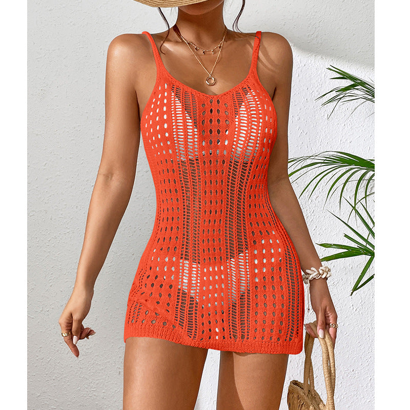 Women Clothing Short Knitted Texture Hollow Out Cutout Out See Through Camisole Sexy Short Dress Knitted Beach Dress Crochet hook