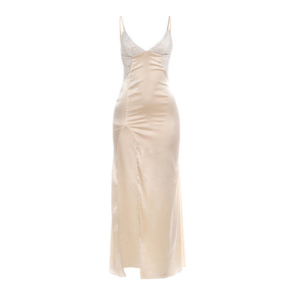 Spring Women Clothing Elegant Slim Fit V neck Brace Stitching Lace Split Sexy Hip Dress