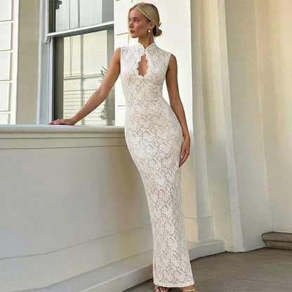 Sexy Hollow Out Cutout Lace Sleeveless Dress Sexy Slim Fit Slimming Sheath Split Dress