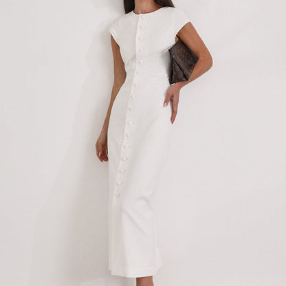 Round Neck Flying Sleeves Dress Women Elegant Waist Single Breasted White Sheath Dress
