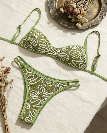 Olive Green Texture Adjustable Shoulder Strap Split Swimsuit Bikini