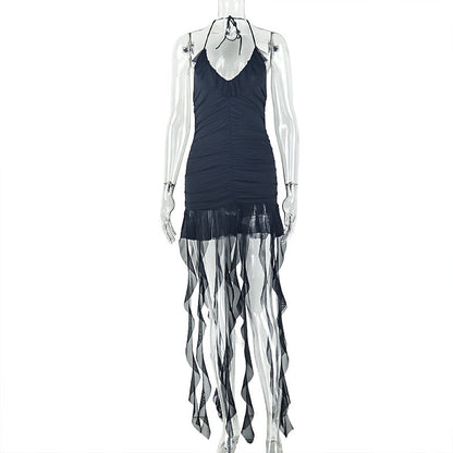 Elegant Women Clothing Sexy Waist Trimming Halter Hip Dress V neck Solid Color Short Dress