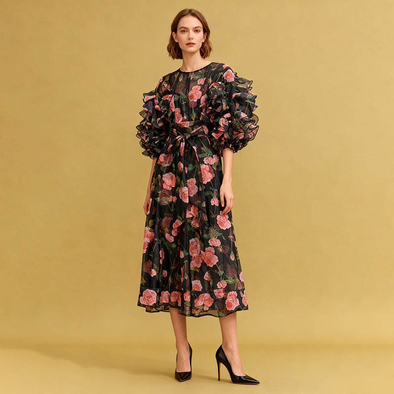 Retro Romantic Palace Rose Print Dress for Women round Neck Design Puff Sleeve Dress