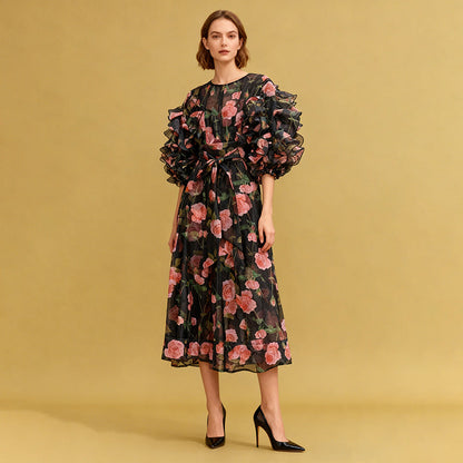 Retro Romantic Palace Rose Print Dress for Women round Neck Design Puff Sleeve Dress
