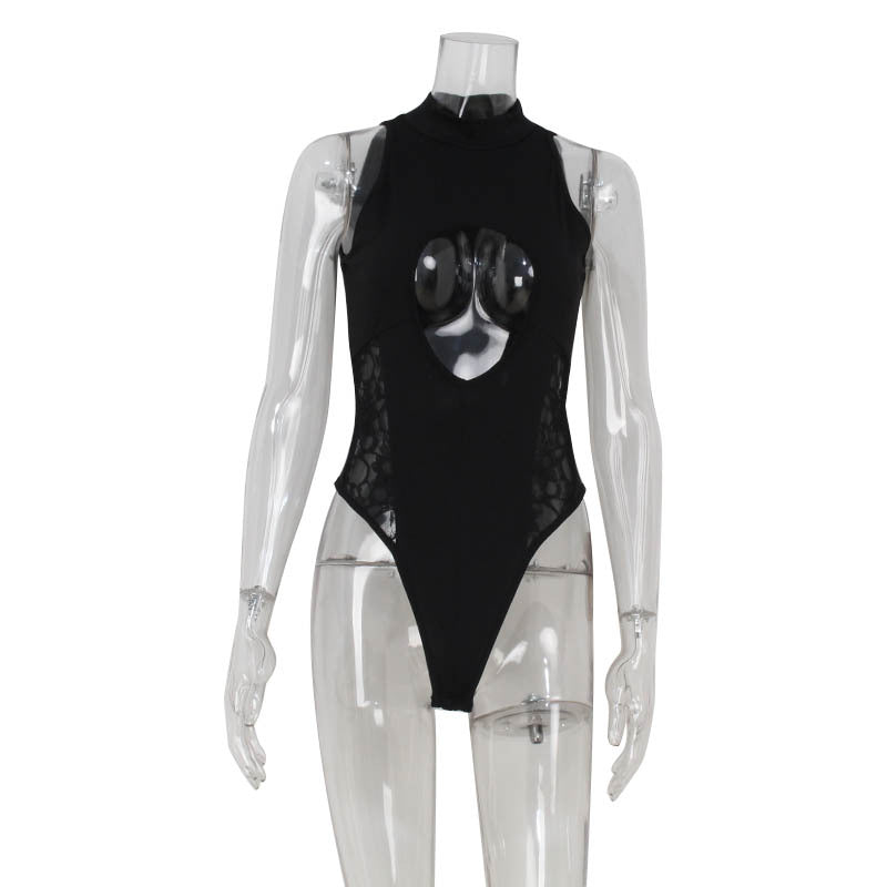 Sexy Women Clothing Sleeveless Half Turtleneck High Waist Lace Stitching Skinny Hollow Out Cutout out Temptation High Elastic Jumpsuit for Women