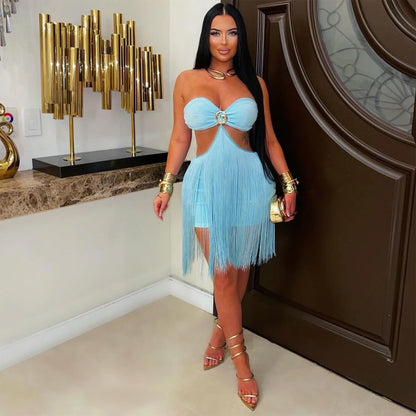 Women Tube Top Tassel Skirt Nightclub Party Dress
