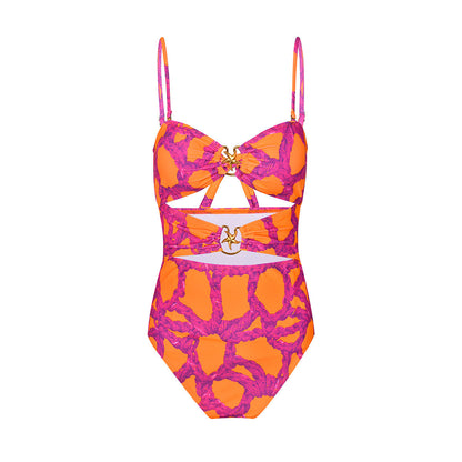 Hollow Out Cutout Out Strap One Piece Swimsuit Women Swimwear Two Piece Blouse Printing