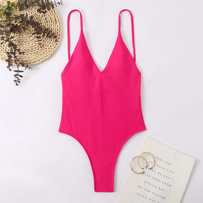 Simple Conservative One Piece Swimsuit V neck Backless Solid Color Sexy Slimming Spring Bathing