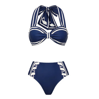 Swimsuit Navy Halter One Piece Swimsuit Set Women