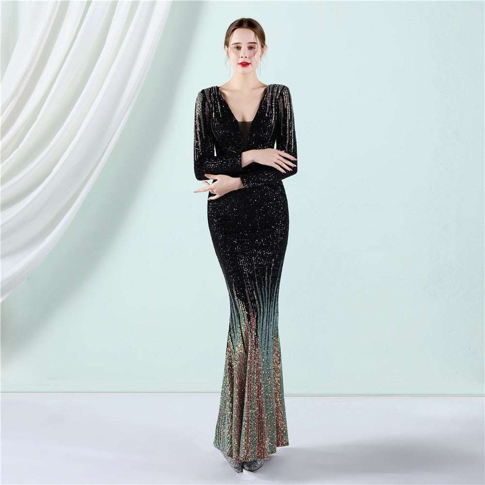 Gradient Sequin Long Sleeve Evening Dress Spring Summer Long Sequ Dress Toast Dress