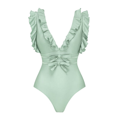 Women Swimsuit Solid Color Bow Decoration One Piece Swimsuit Set