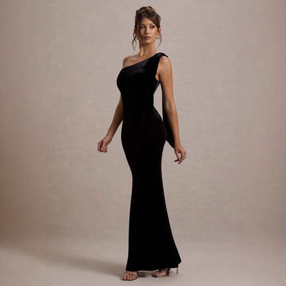Spring Summer Women Solid Color Casual Sexy Oblique Shoulder Comfortable Slim Sleeveless Sheath Dress