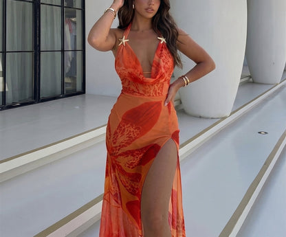 Summer Women Clothing Sexy Halter Backless Lace Printing See through Slim Fit Slit Dress