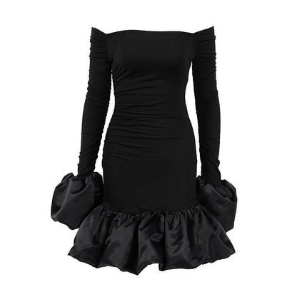 Spring Elegant Black Sexy Backless Knitted Slim Fit Long Sleeved Turtleneck Dress