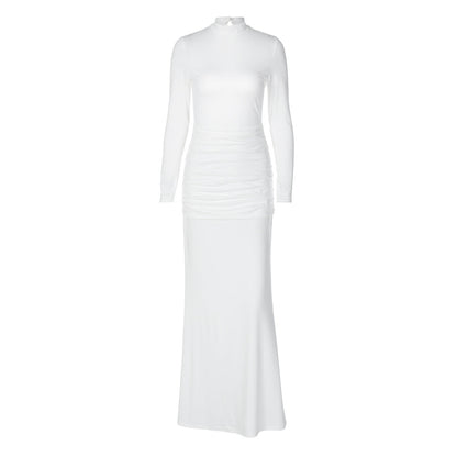 Women Clothing Autumn Solid Color Long Sleeve Slim Fit Fishtail Dress Button Backless Dress Women