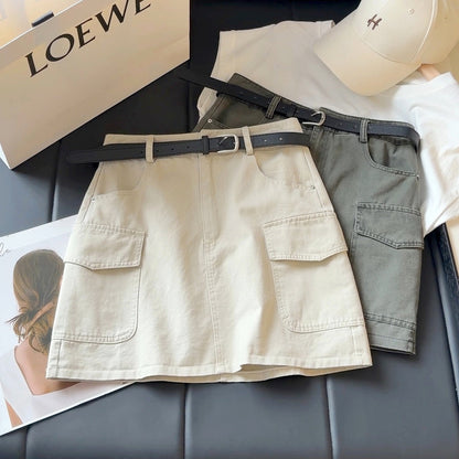 Workwear Denim Skirt Women Summer High Waist Slimming Multi Pocket Anti Exposure A line Skirt (No belt)