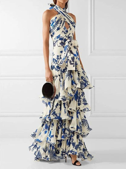Summer Bohemian Holiday Lace up Lolita Large Swing Dress Printed Dress